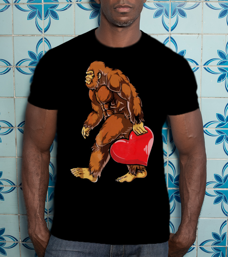 Bigfoot Holding A Red Heart For Funny Valentine's Day T-Shirt