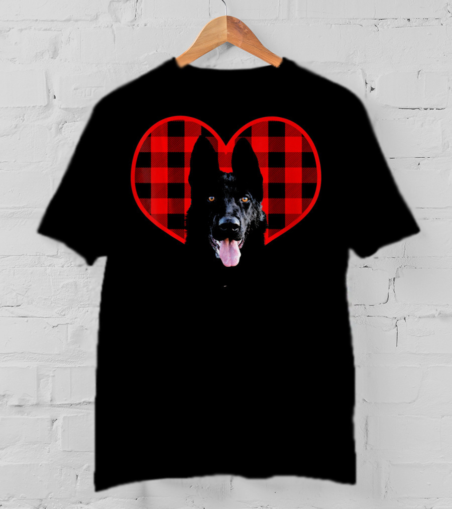Black German Shepherd Plaid Heart Valentine T-Shirt