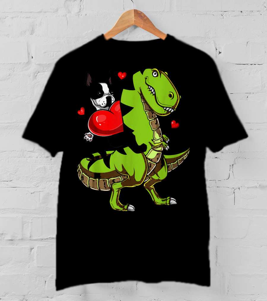 Boston Terrier With Red Hearts Riding A Green Rex Dinosaur T-Shirt