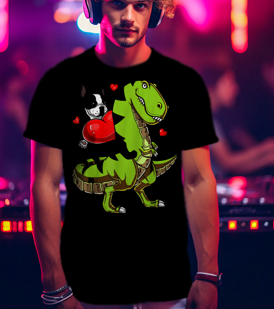 Boston Terrier With Red Hearts Riding A Green Rex Dinosaur T-Shirt