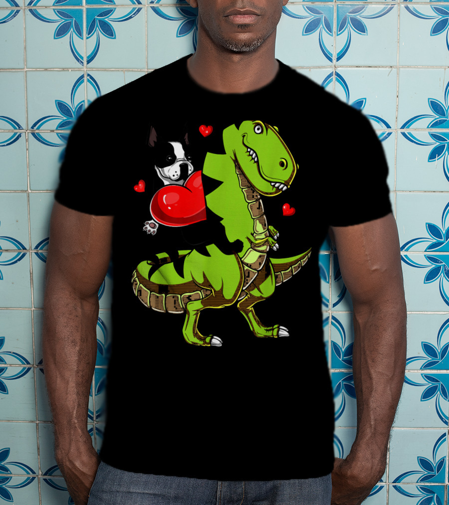 Boston Terrier With Red Hearts Riding A Green Rex Dinosaur T-Shirt