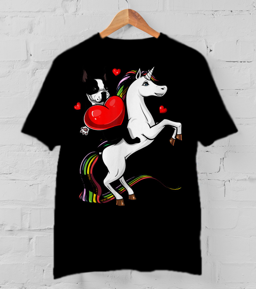 Boston Terrier Dog Holding Heart Riding Colorful Unicorn With Hearts T-Shirt