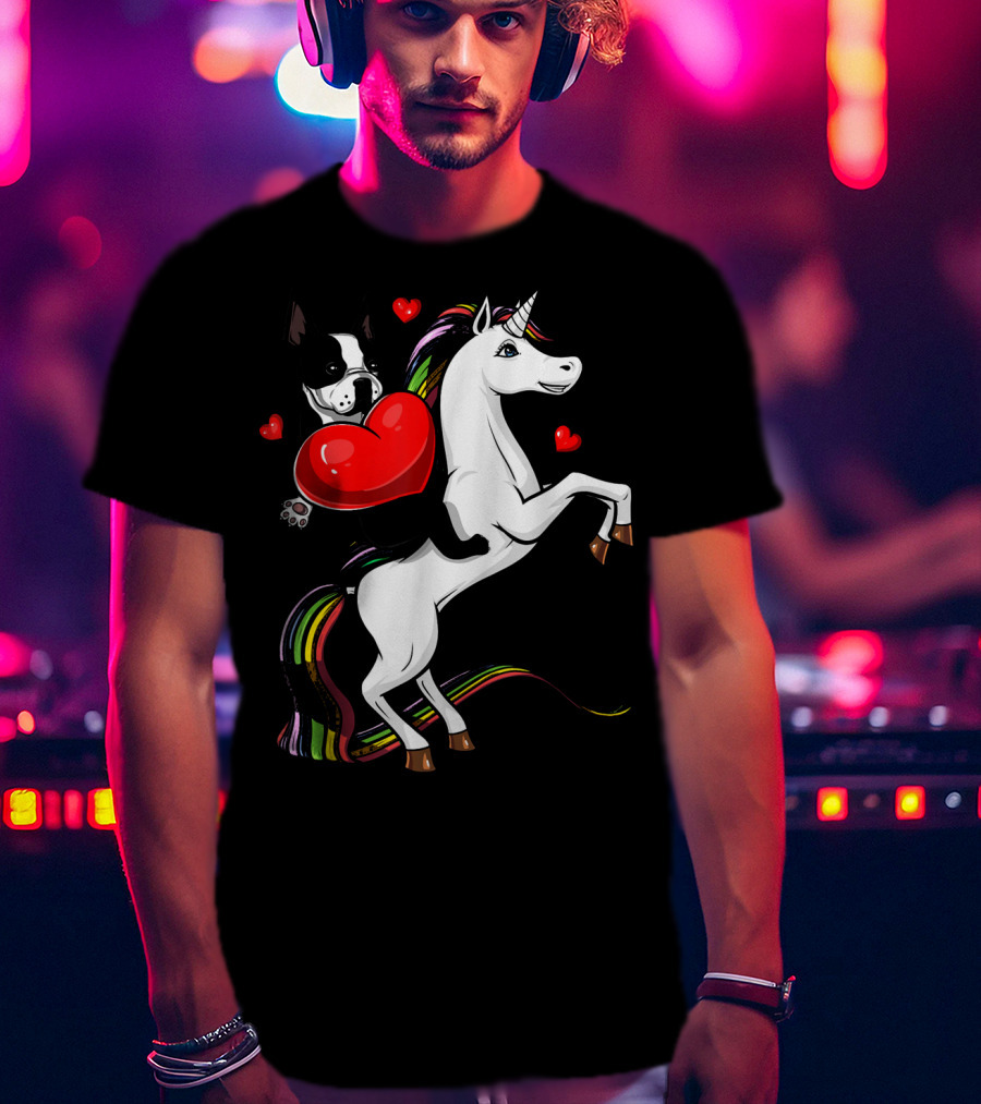 Boston Terrier Dog Holding Heart Riding Colorful Unicorn With Hearts T-Shirt