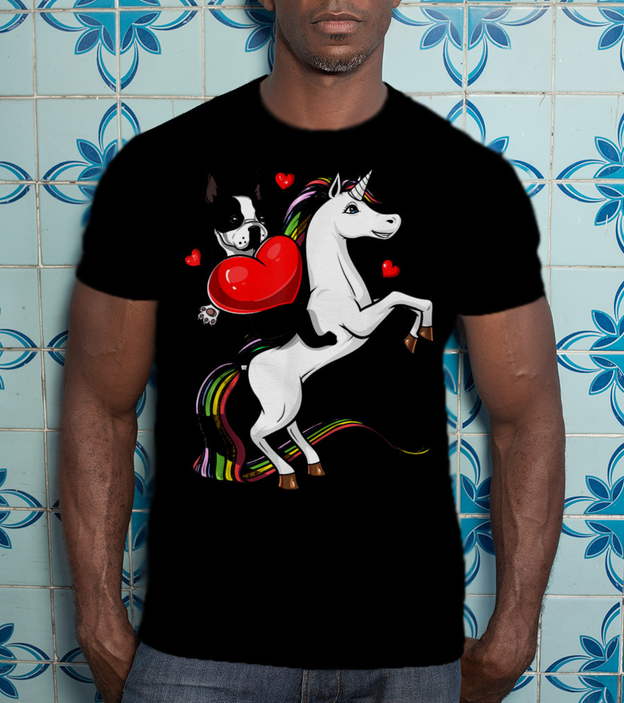 Boston Terrier Dog Holding Heart Riding Colorful Unicorn With Hearts T-Shirt