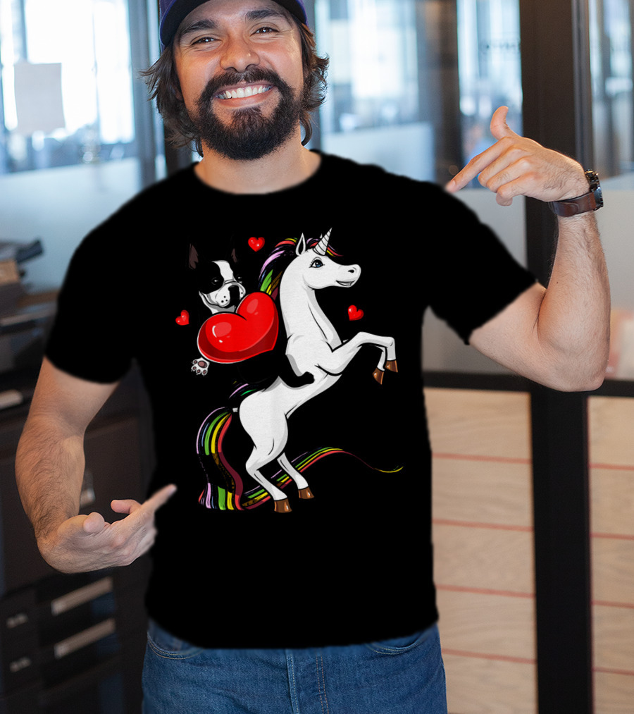 Boston Terrier Dog Holding Heart Riding Colorful Unicorn With Hearts T-Shirt