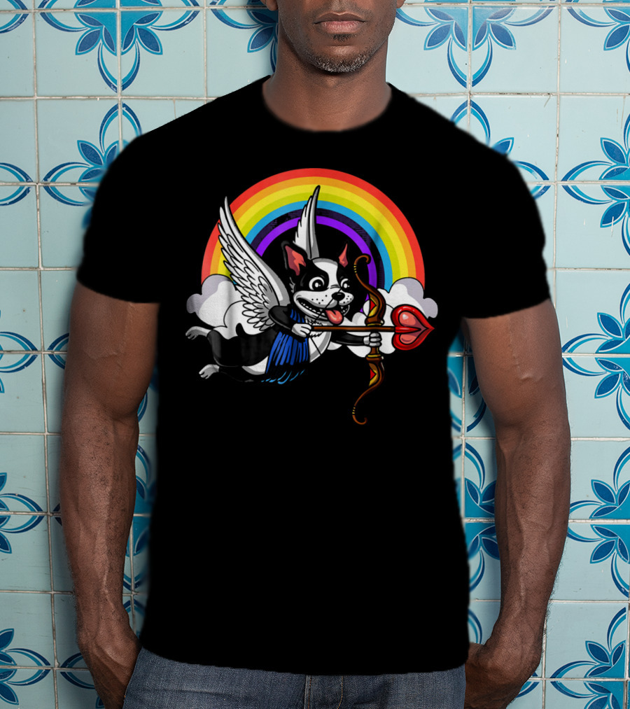 Boston Terrier Cupid Rainbow Valentine's Day T-Shirt