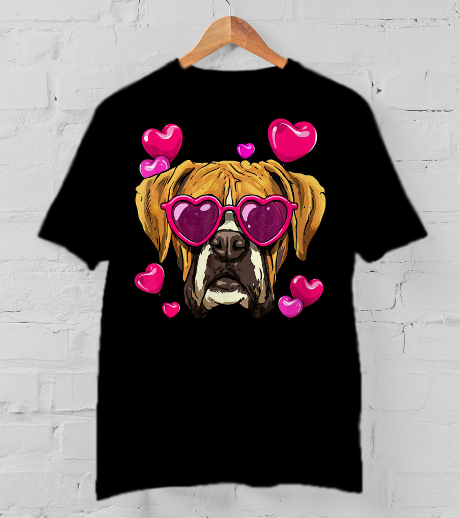 Boxer Dog With Heart Glasses Surrounded By Pink Valentine Hearts T-Shirt