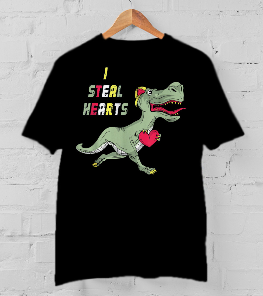 I Steal Hearts Dinosaur Holding Red Heart T-Shirt