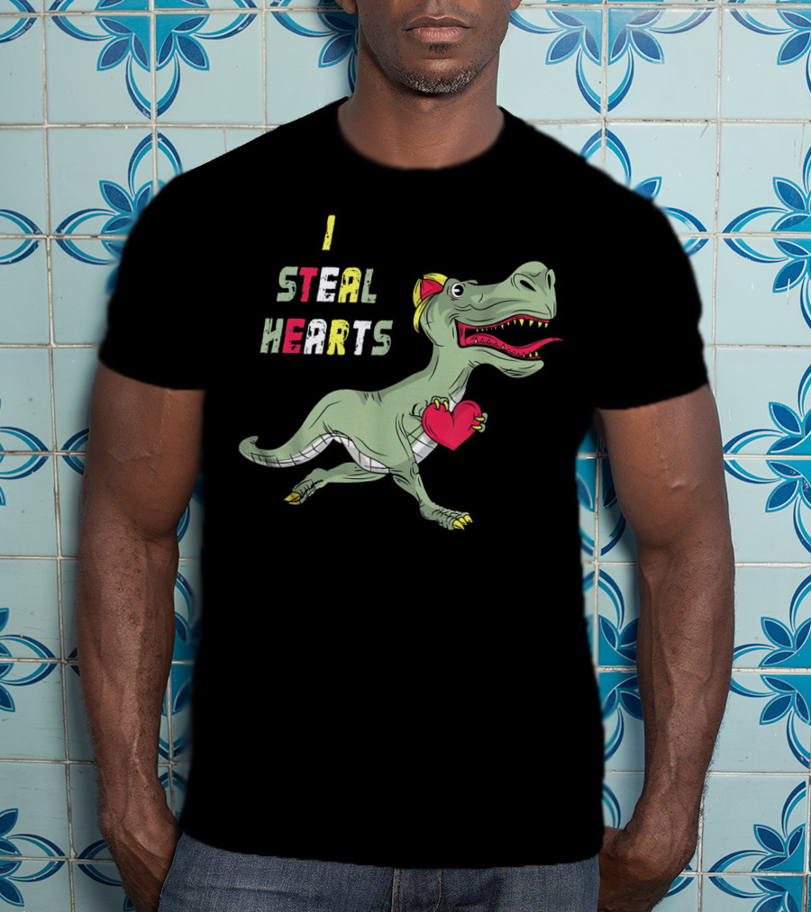 I Steal Hearts Dinosaur Holding Red Heart T-Shirt