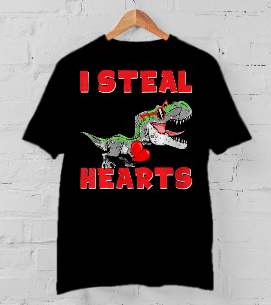 I Steal Hearts Boys Valentines Day Kids Dinosaur Trex T-Shirt