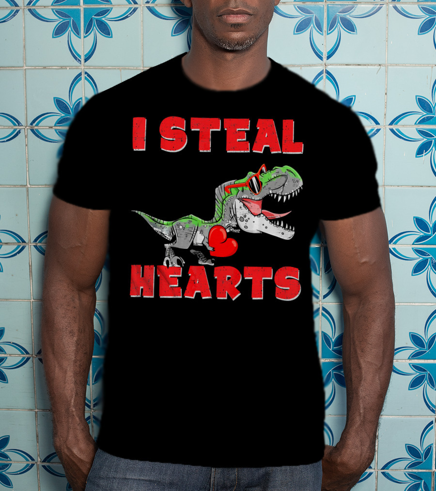 I Steal Hearts Boys Valentines Day Kids Dinosaur Trex T-Shirt