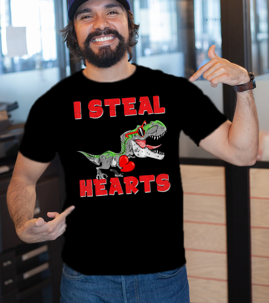 I Steal Hearts Boys Valentines Day Kids Dinosaur Trex T-Shirt