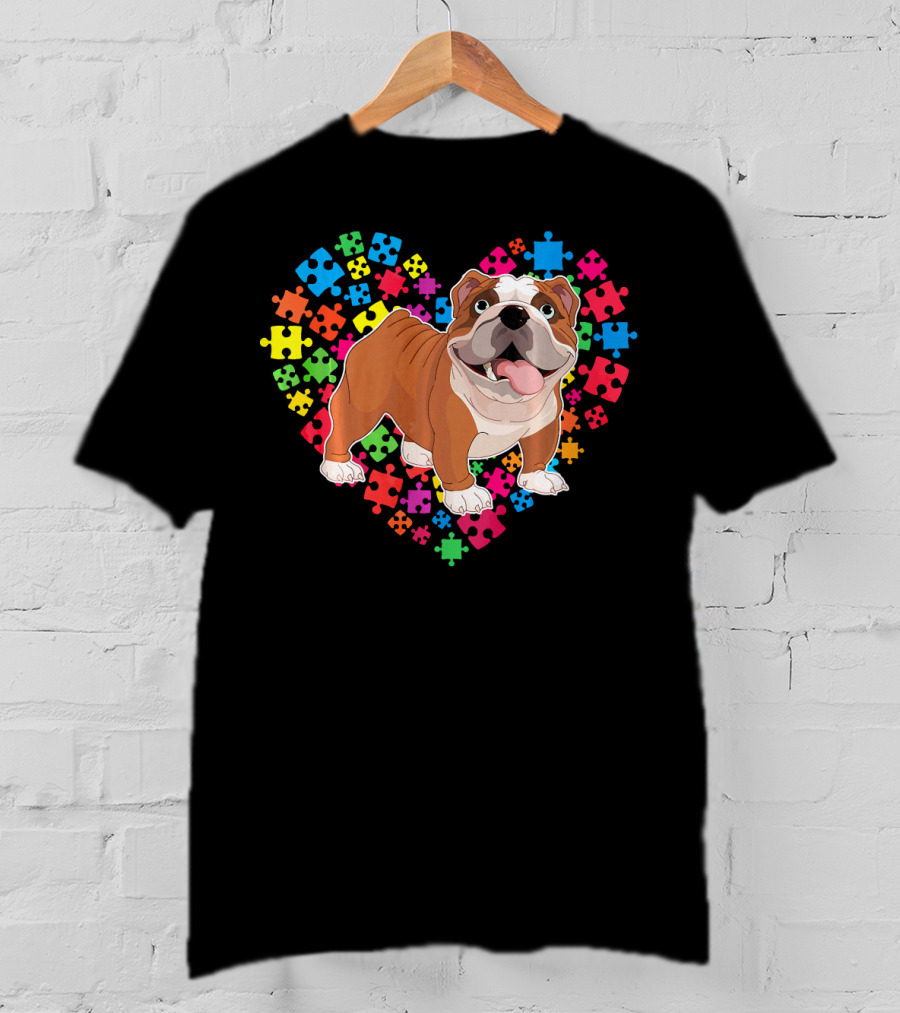 Bulldog Valentine Heart With Colorful Puzzle Pieces Background T-Shirt