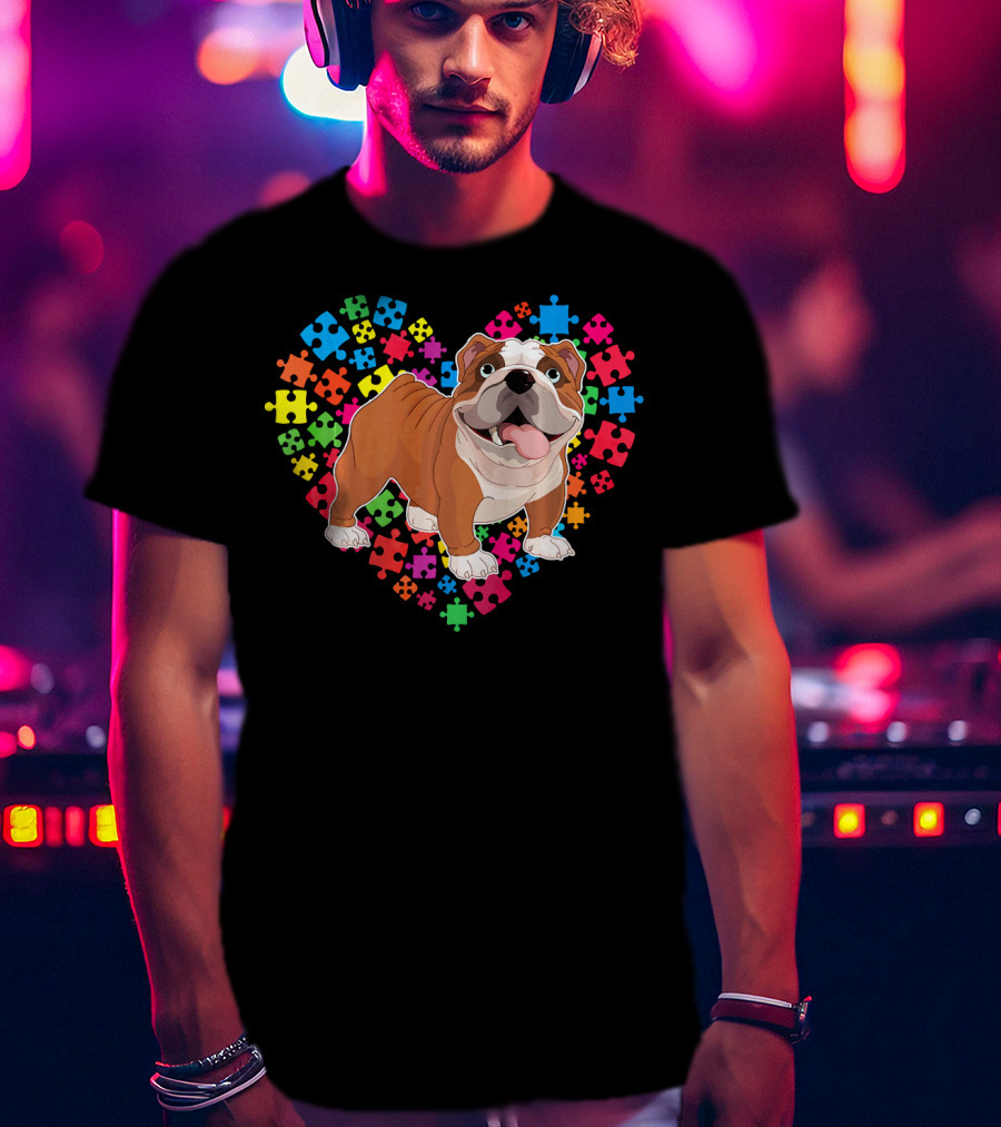 Bulldog Valentine Heart With Colorful Puzzle Pieces Background T-Shirt