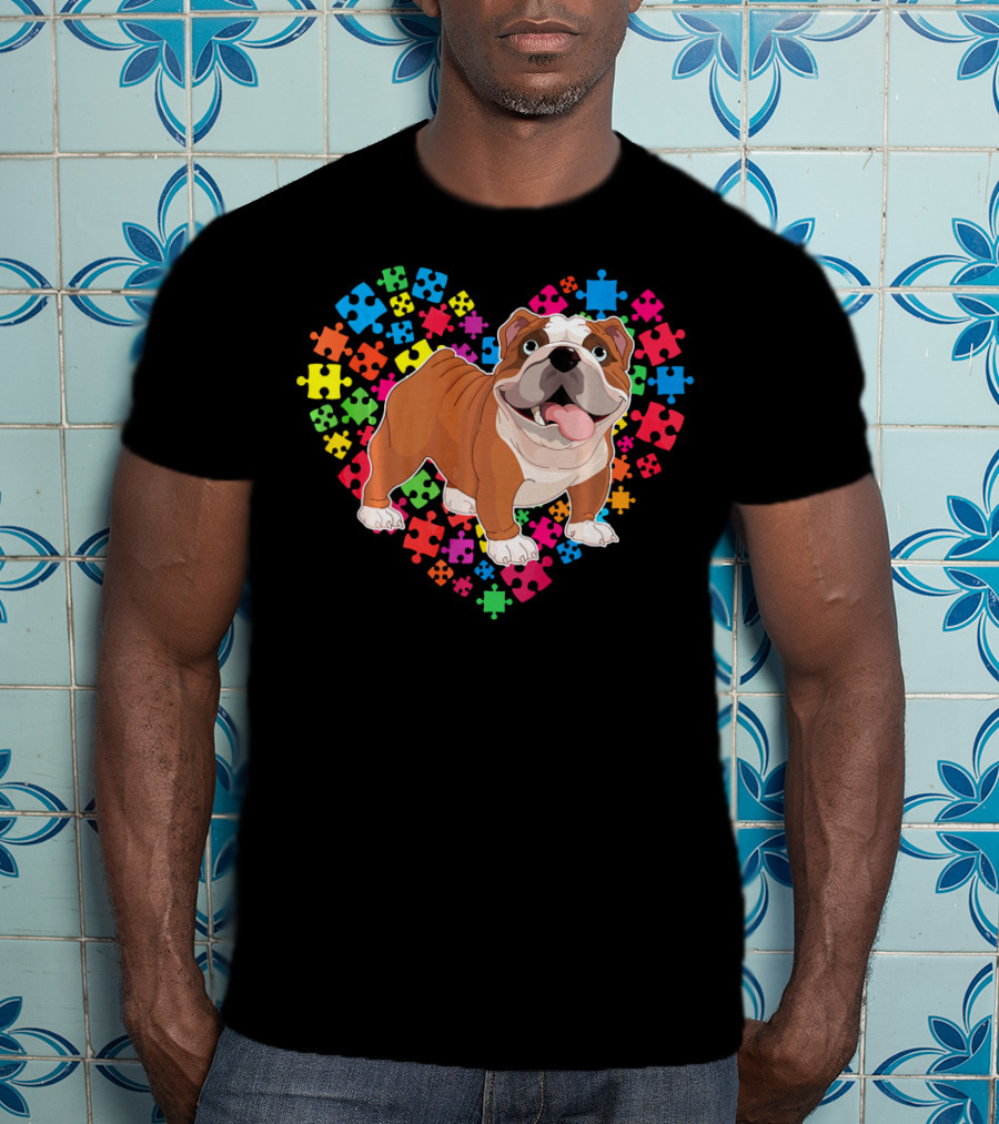Bulldog Valentine Heart With Colorful Puzzle Pieces Background T-Shirt