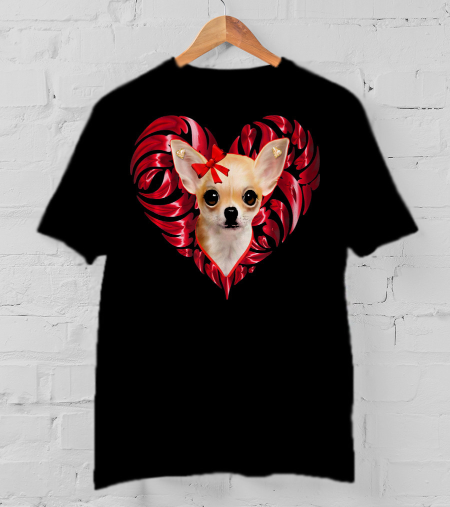 Chihuahua Dog Valentine Heart With Bow And Swirls T-Shirt