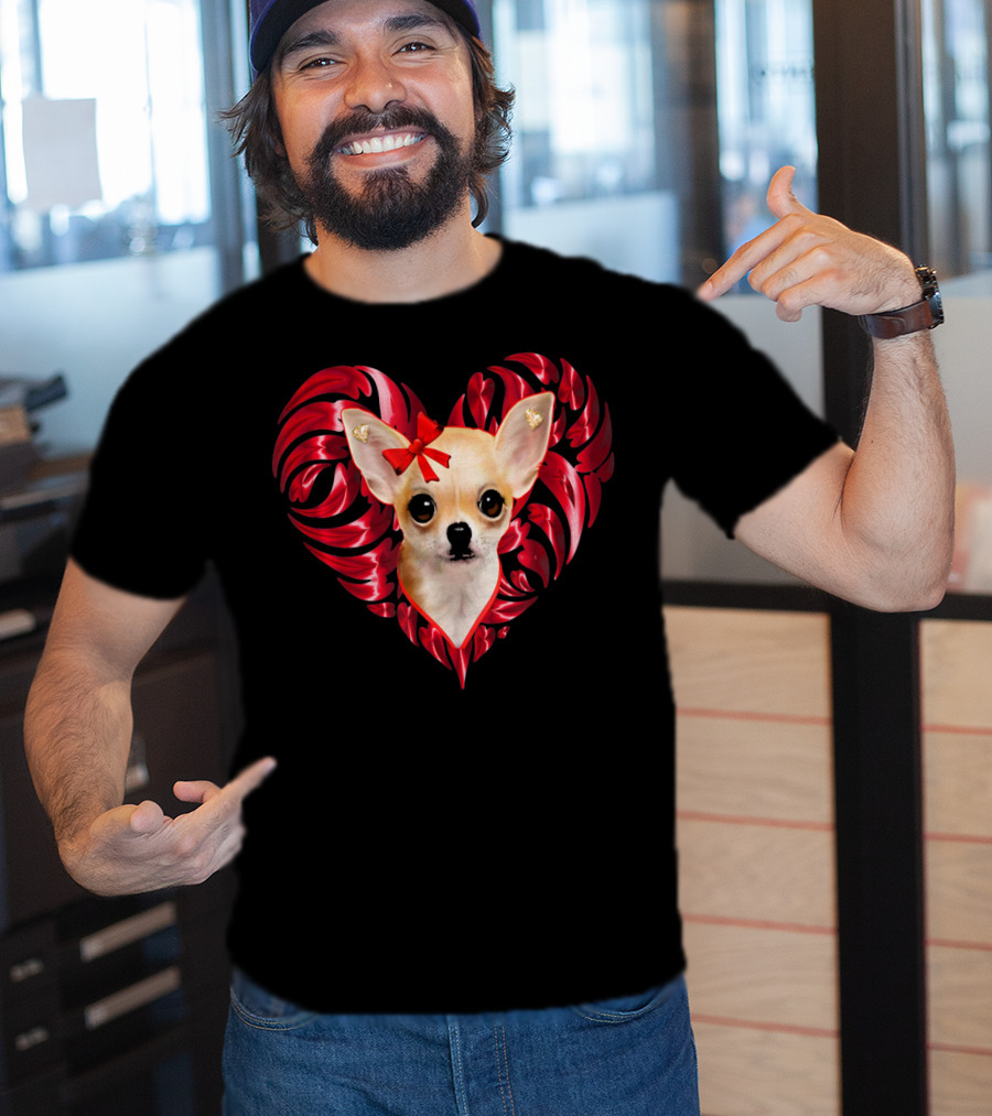 Chihuahua Dog Valentine Heart With Bow And Swirls T-Shirt