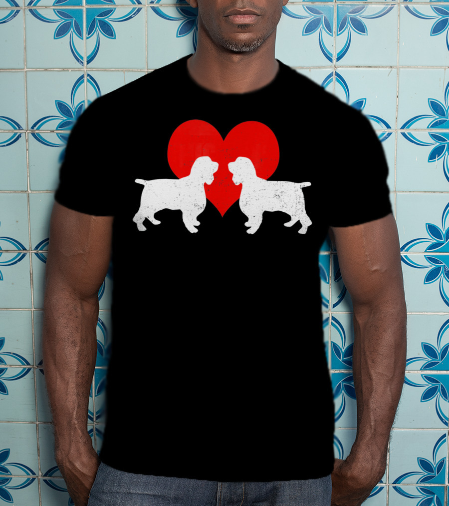 Couple English Springer Spaniel Dogs With Red Heart T-Shirt