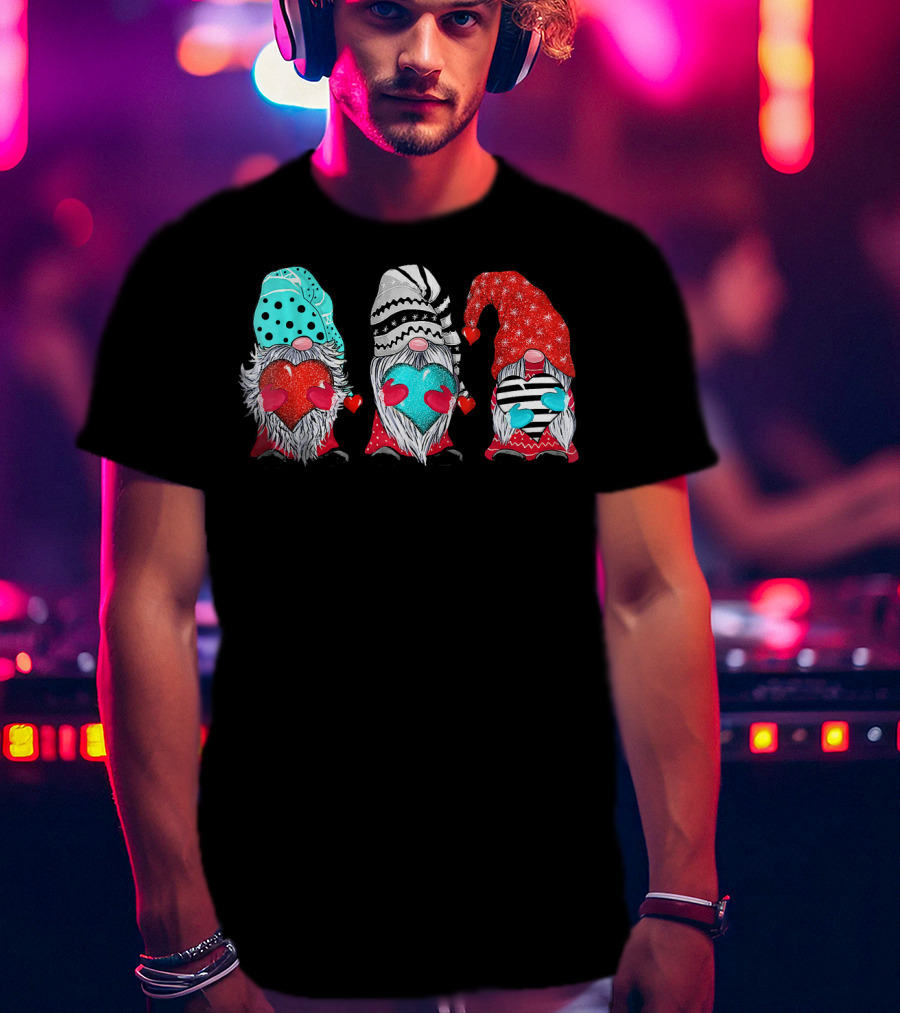 Couple Matching Outfit Gnomes Holding Hearts With Festive Hats T-Shirt