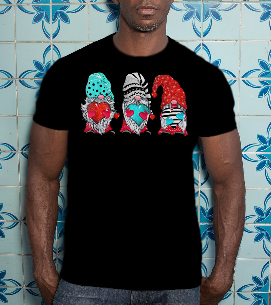 Couple Matching Outfit Gnomes Holding Hearts With Festive Hats T-Shirt