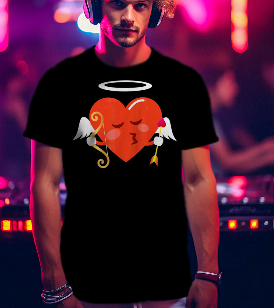 Cupid Heart Emoji Kiss Mwah Valent Winged Bow Arrow Halo T-Shirt