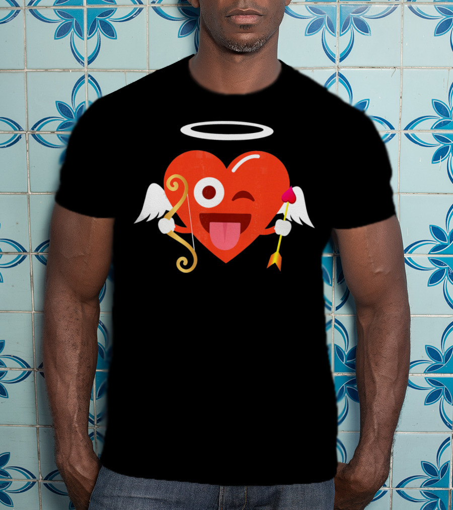 Cupid Heart Emoji Halo Wink Tongue Out Bow Arrow T-Shirt