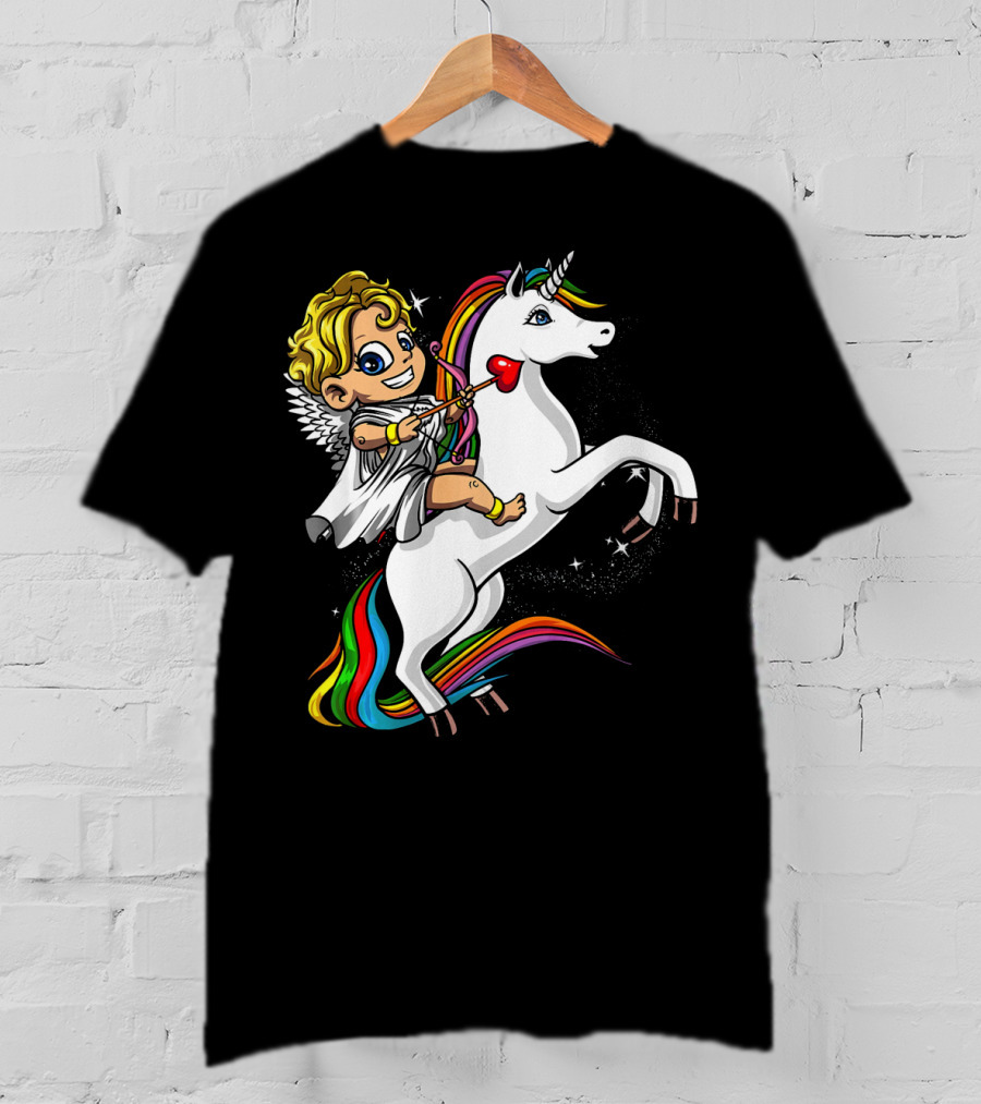 Cupid Riding Colorful Unicorn Valentines Day Magic T-Shirt