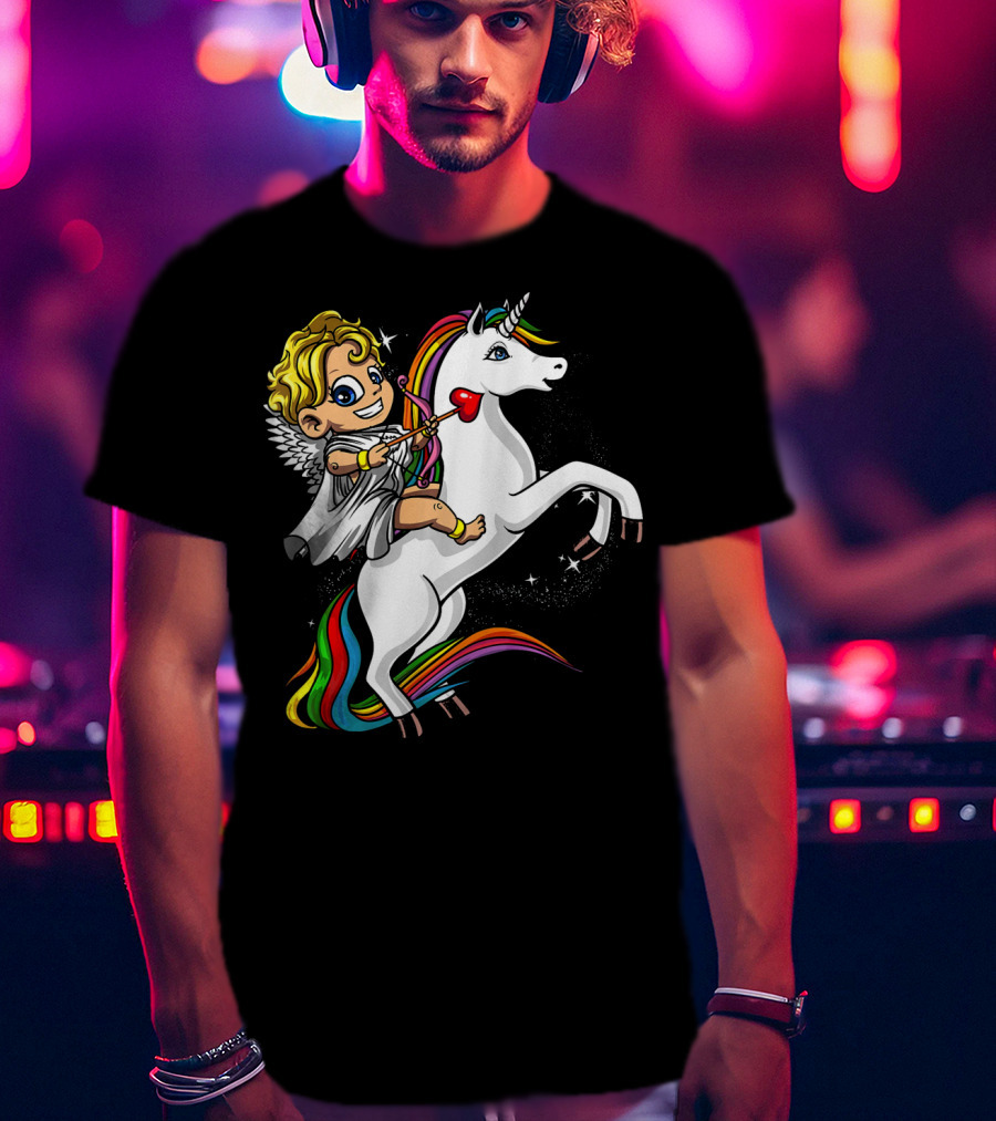 Cupid Riding Colorful Unicorn Valentines Day Magic T-Shirt