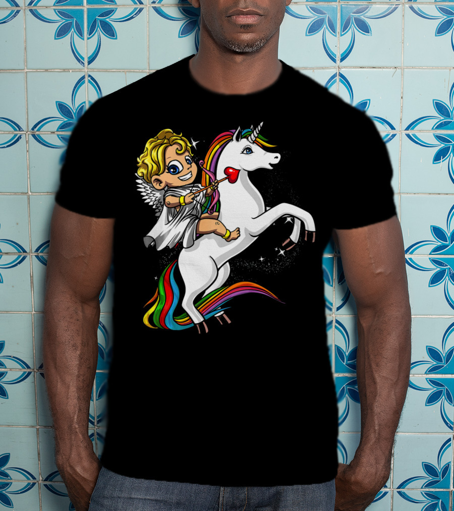 Cupid Riding Colorful Unicorn Valentines Day Magic T-Shirt