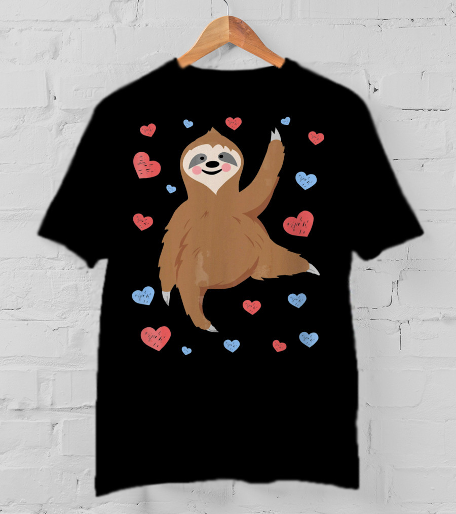 Cute Cuddly Sloth Surrounded By Red And Blue Hearts Valentine's Day T-Shirt