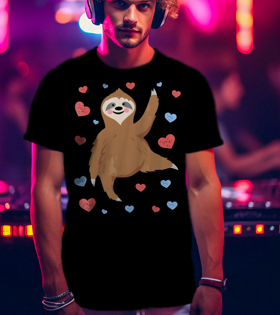 Cute Cuddly Sloth Surrounded By Red And Blue Hearts Valentine's Day T-Shirt
