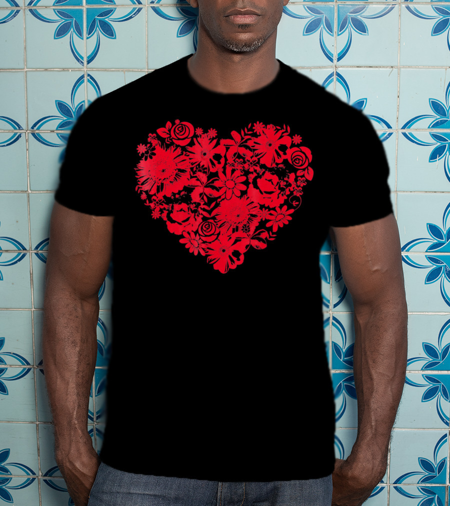 Cute Red Heart Floral Valentines Flower T-Shirt