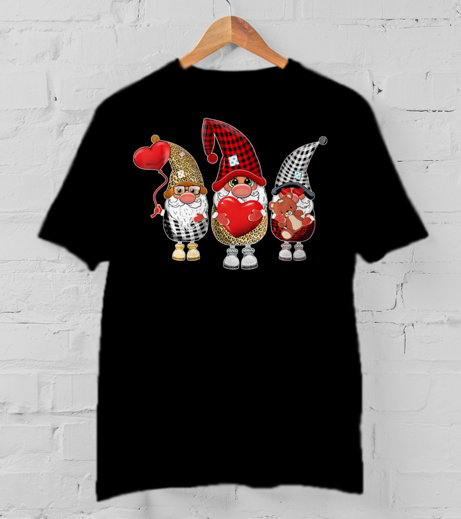 Cute Gnomes With Leopard And Buffalo Plaid Hearts T-Shirt