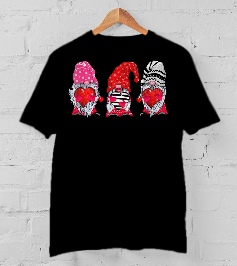 Cute Gnomes Valentine's Couple Heart Match Striped Red Hat Polka Dot T-Shirt