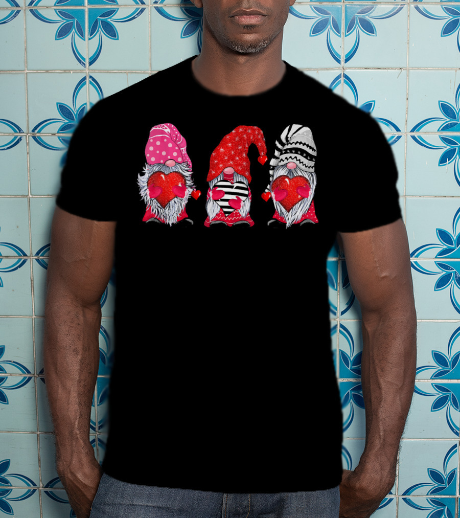Cute Gnomes Valentine's Couple Heart Match Striped Red Hat Polka Dot T-Shirt