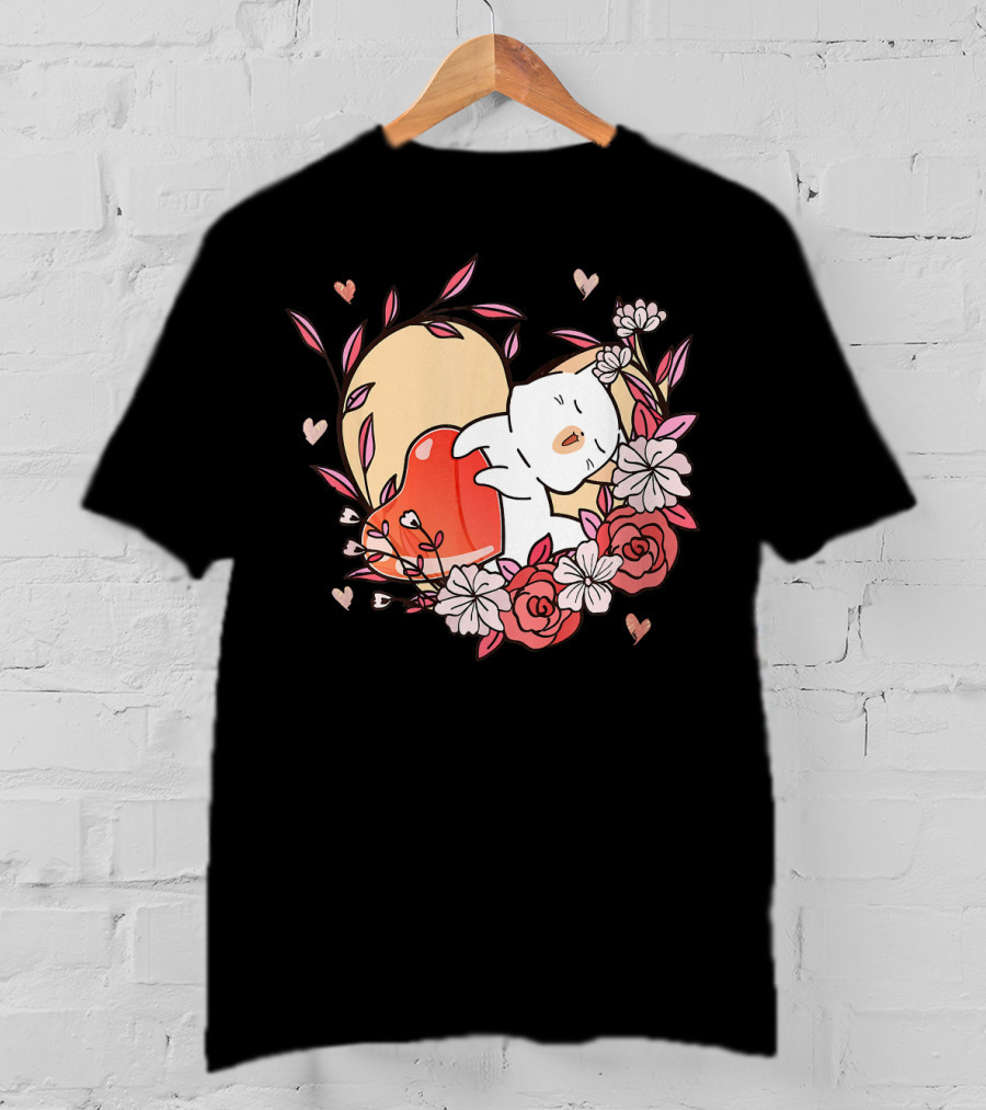 Cute Kawaii Cat Hugging Heart Surrounded By Valentines Day Flowers T-Shirt