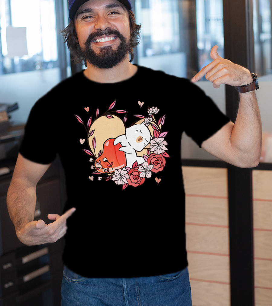 Cute Kawaii Cat Hugging Heart Surrounded By Valentines Day Flowers T-Shirt