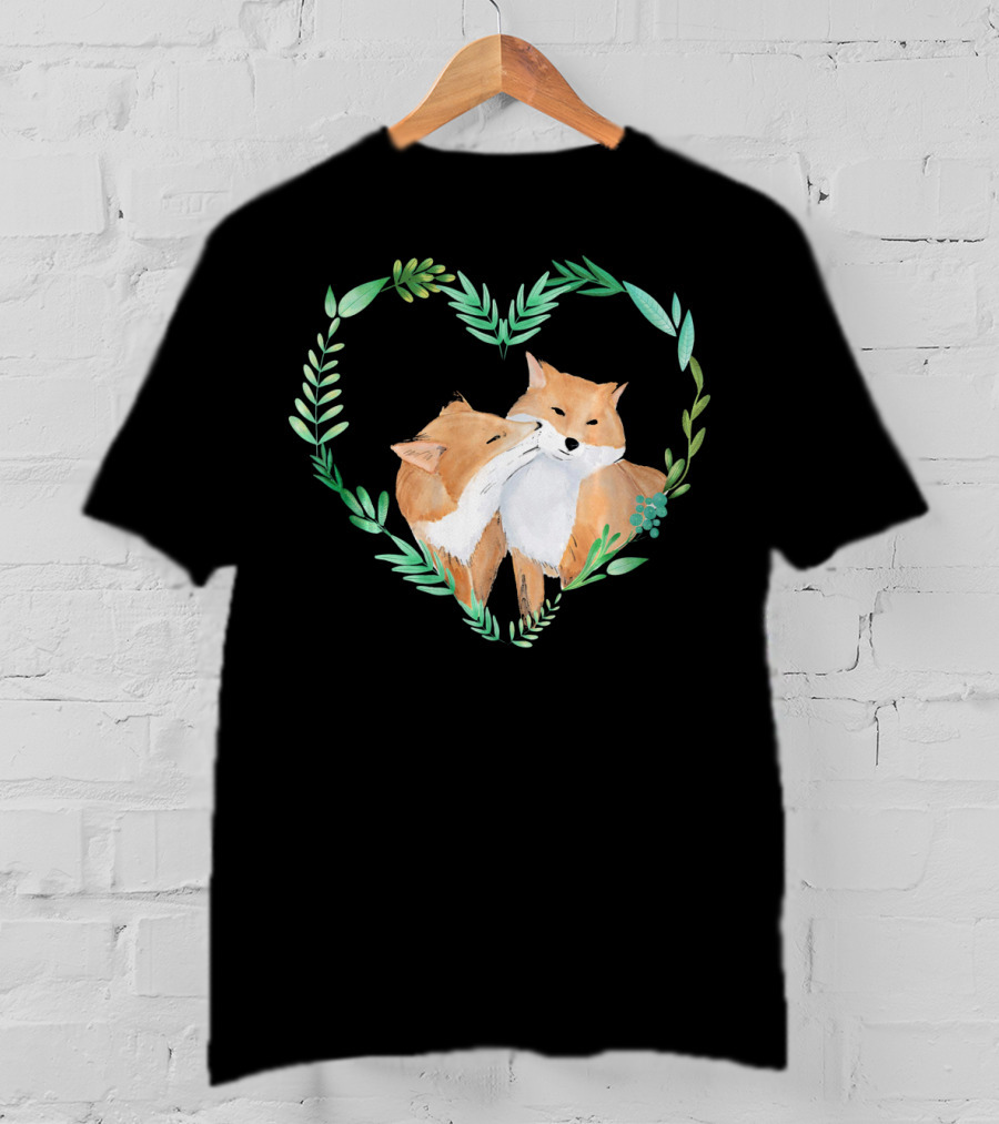 Cute Love Foxes Valentines Day Heart Greenery T-Shirt