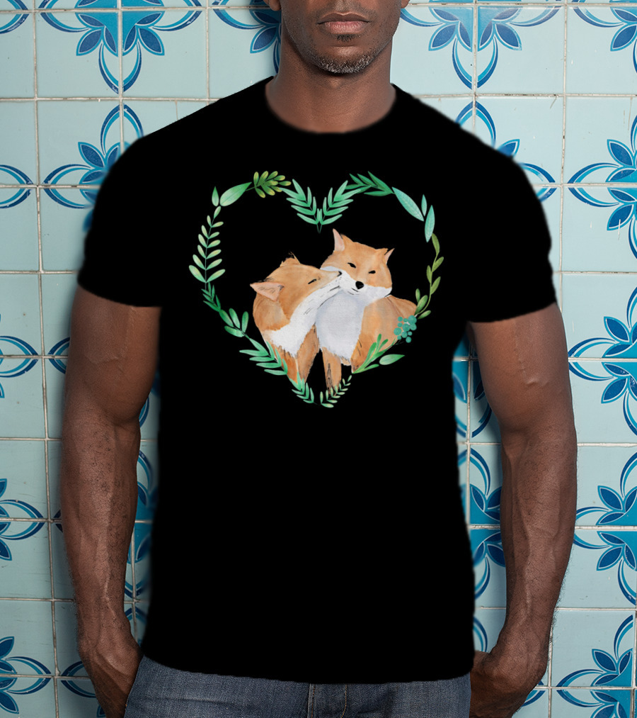 Cute Love Foxes Valentines Day Heart Greenery T-Shirt