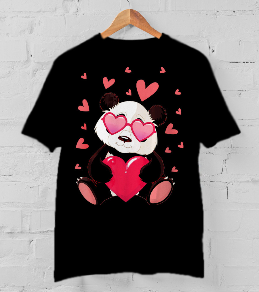 Cute Panda With Heart Glasses Valentines Day T-Shirt