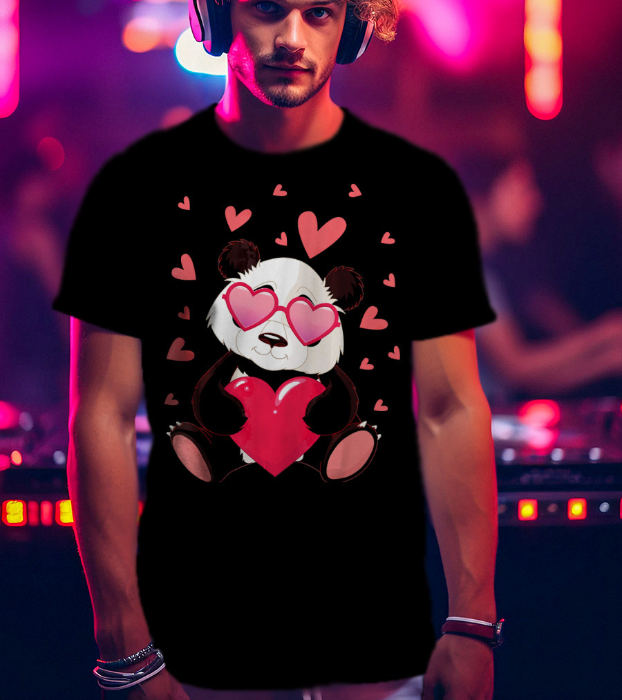 Cute Panda With Heart Glasses Valentines Day T-Shirt