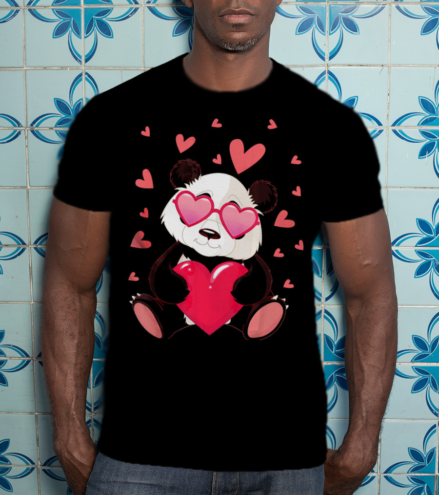 Cute Panda With Heart Glasses Valentines Day T-Shirt