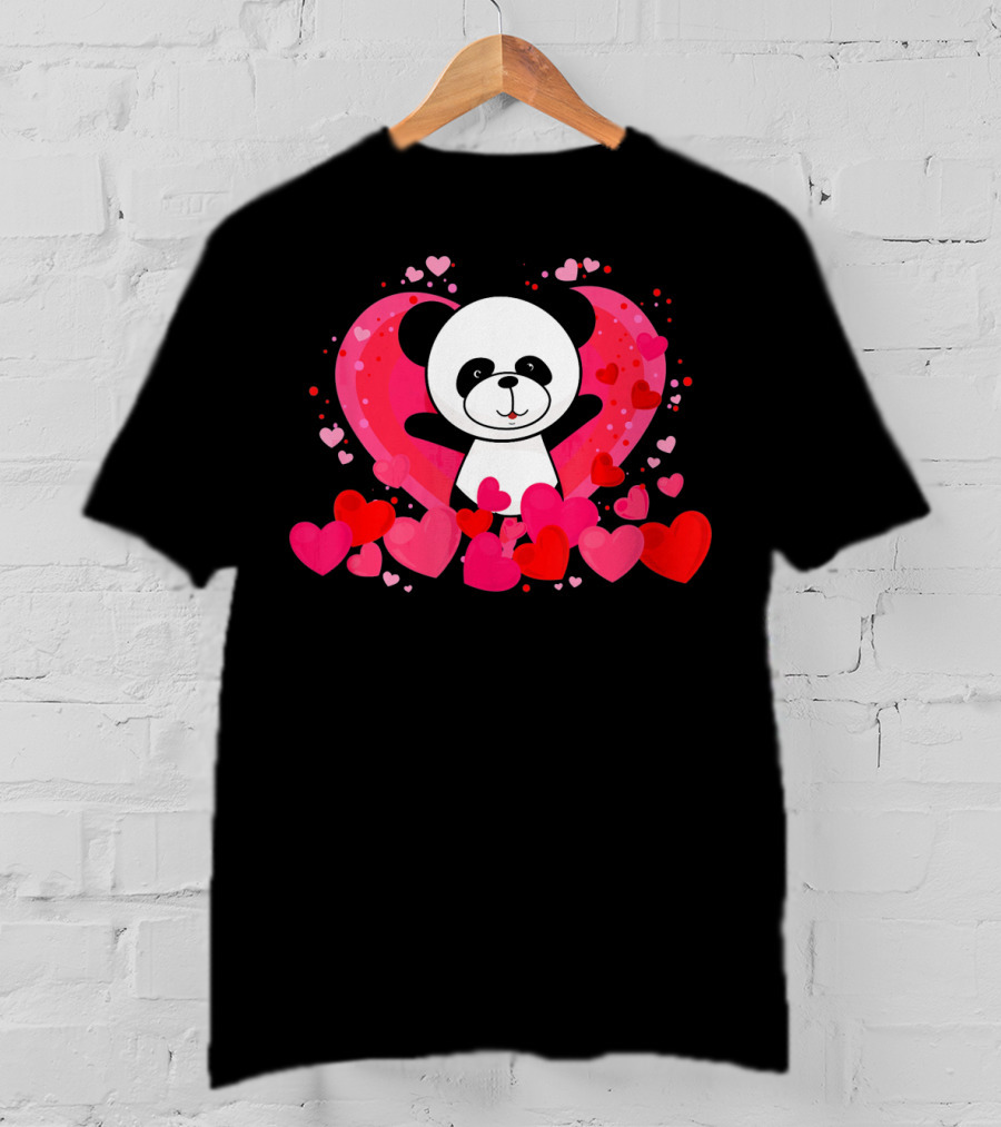 Cute Panda Surrounded By Pink And Red Hearts With Large Heart Background T-Shirt