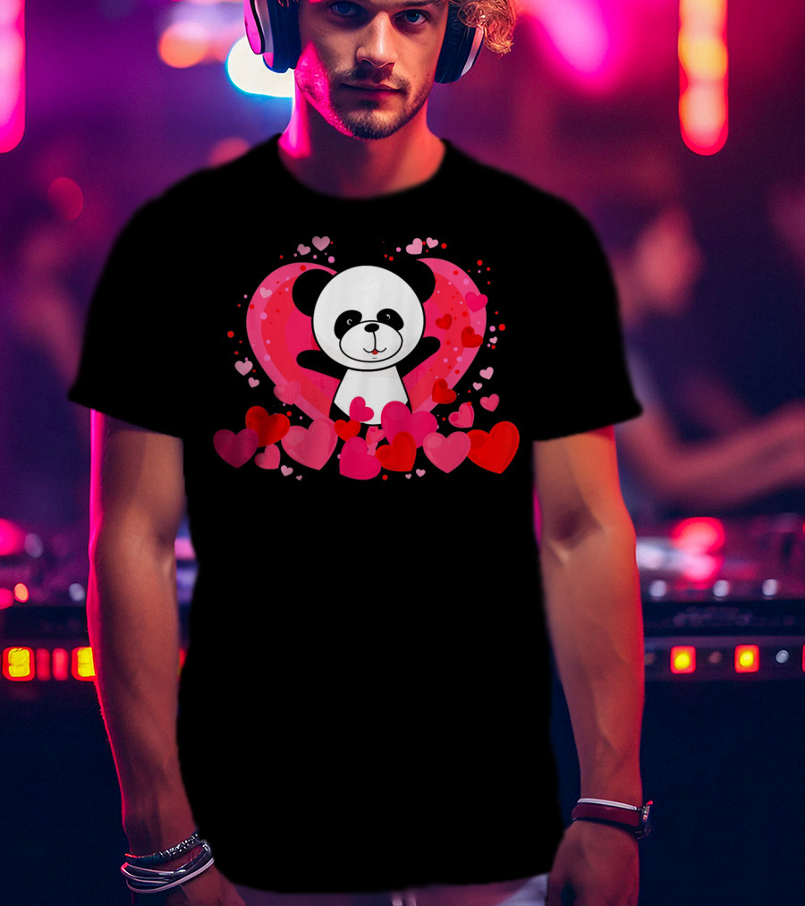 Cute Panda Surrounded By Pink And Red Hearts With Large Heart Background T-Shirt