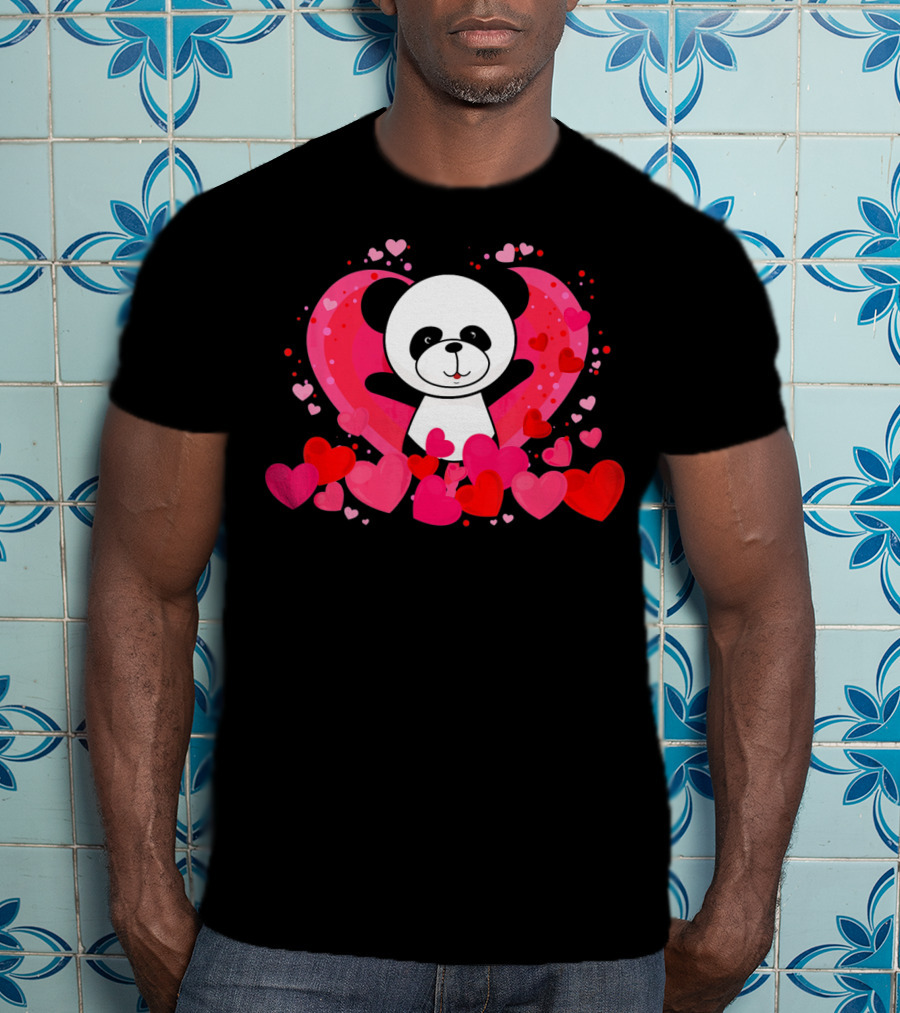 Cute Panda Surrounded By Pink And Red Hearts With Large Heart Background T-Shirt