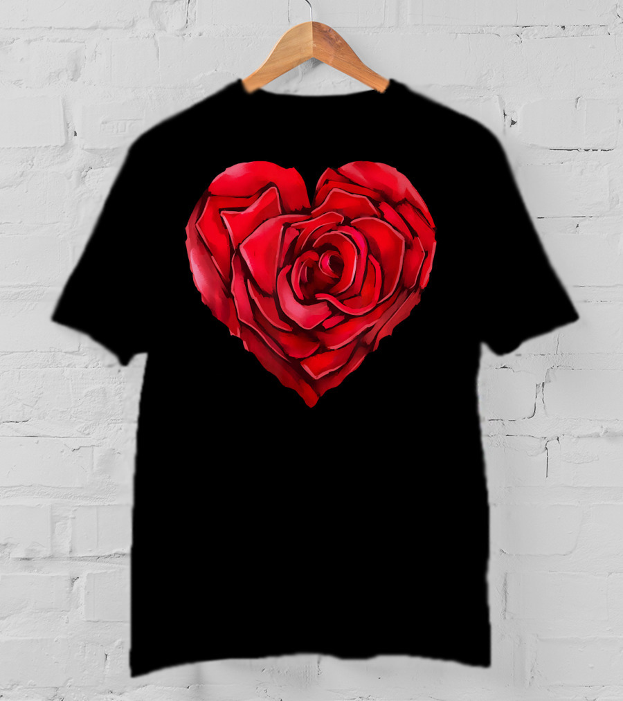 Cute Red Heart Rose Flower Art Bloom Blossom T-Shirt