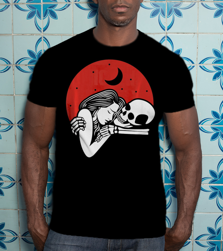 Cute Skeleton Romantic Valentines Moon Embrace T-Shirt