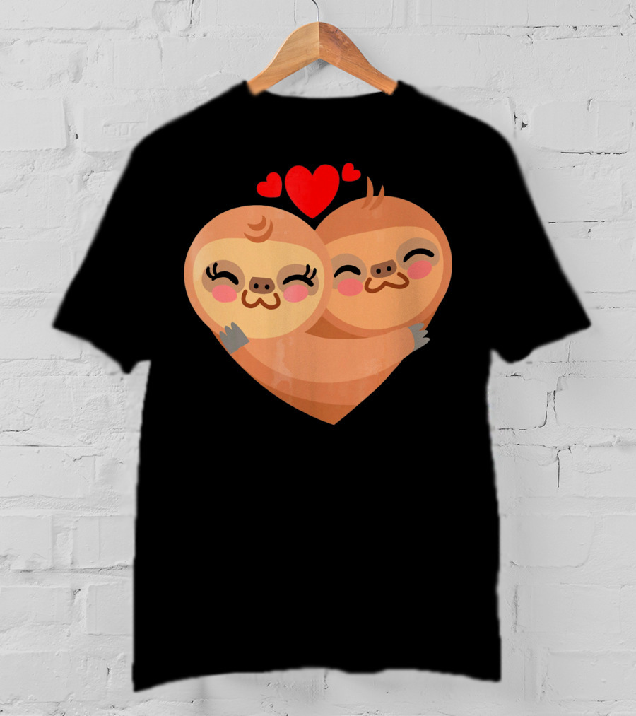 Cute Sloth Love Heart Valentines Pair With Red Hearts T-Shirt