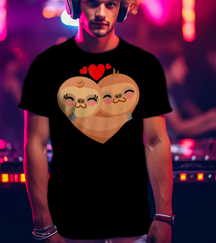 Cute Sloth Love Heart Valentines Pair With Red Hearts T-Shirt