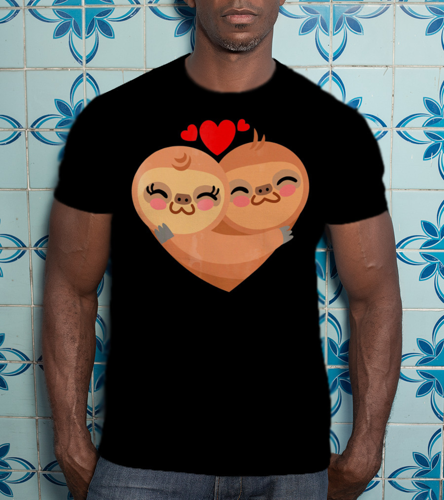 Cute Sloth Love Heart Valentines Pair With Red Hearts T-Shirt